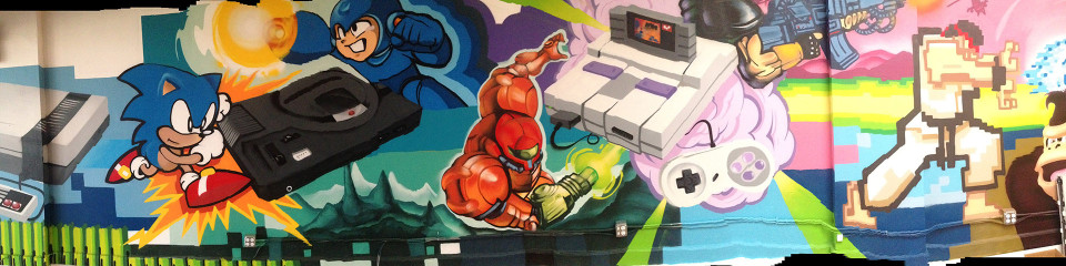 Part of the painted mural of the history of gaming that wraps around the San Francisco headquarters of Skillz