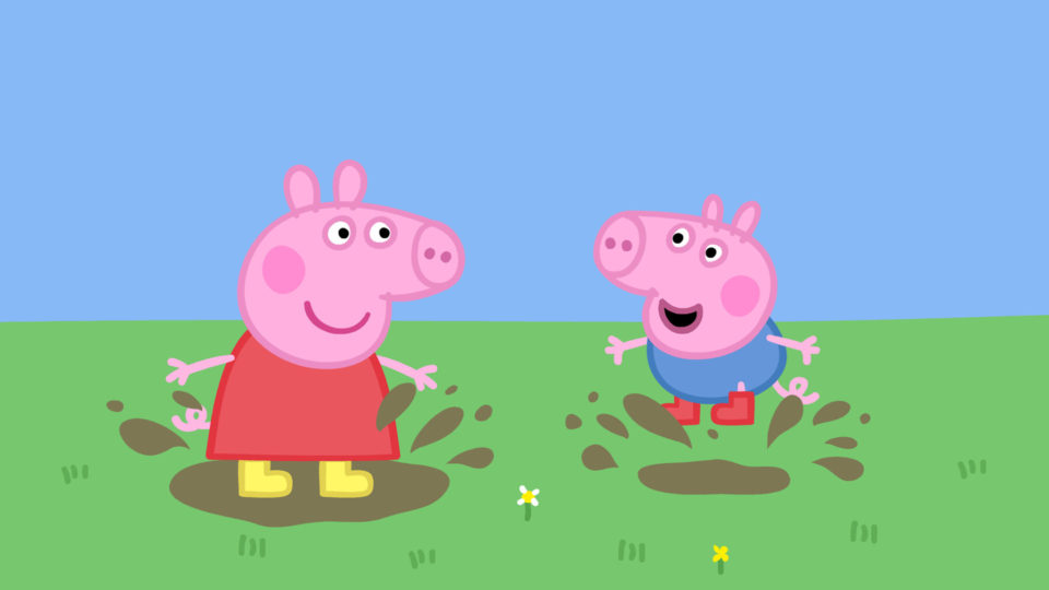Peppa Pig and her brother George splashing in muddy puddles